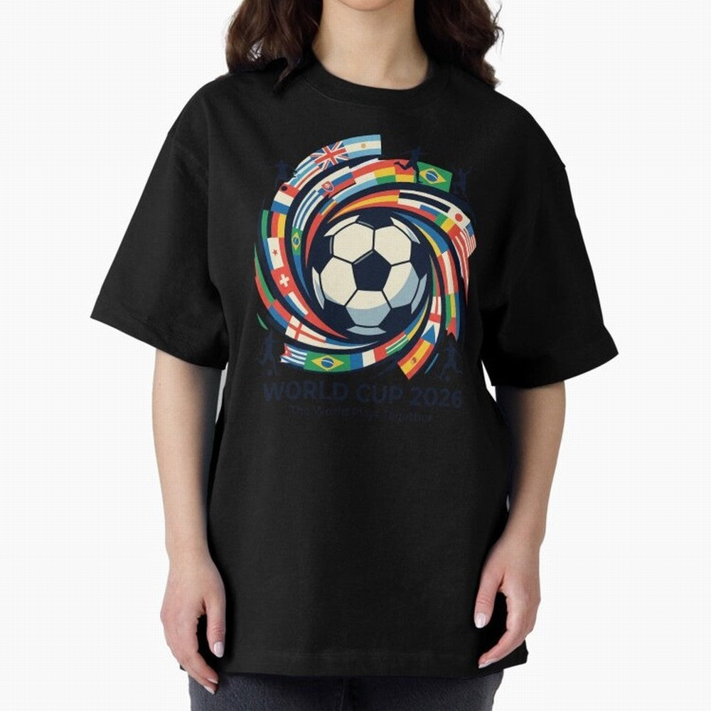 2D World Cup 2026 Football Spiral Flag Design T-Shirt Oversized T-Shirt Celebrate Supporters United by Global Football Passion for FIFA World Cup 2026 Group Stage, Featuring Cristiano Ronaldo, Haaland and CR7, Argentina and Brazil, Champion