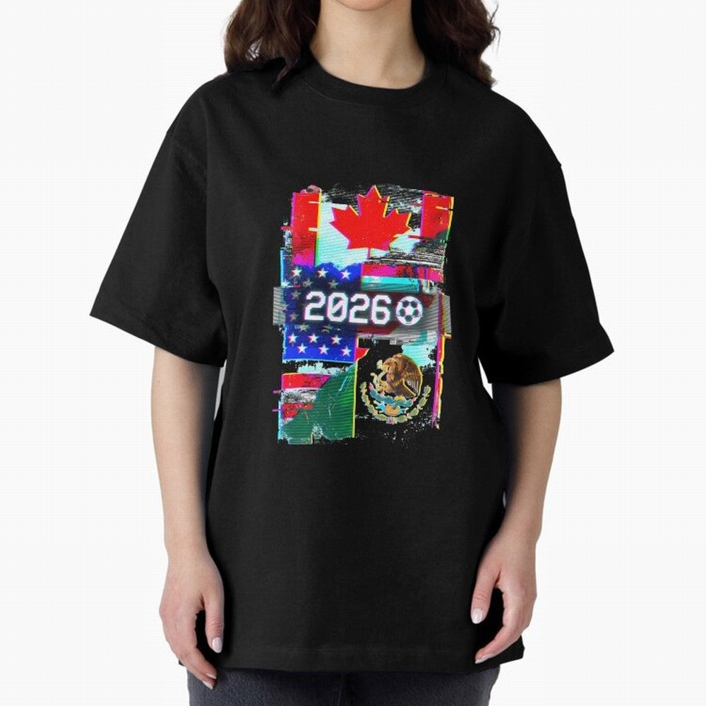 Glitched United 2026 - North America Tournament Emblem Oversized T-Shirt Feel the Trophy Chase of the FIFA World Cup 2026 Journey through Haaland Highlights, Brazil Pride, Football Passion, Legendary Performances, Festival Vibes and Supporter