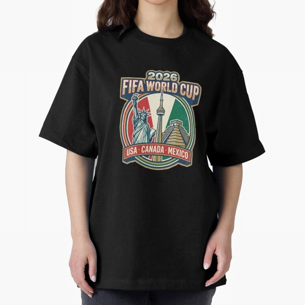 North America United Soccer 2026 Vintage Crest Oversized T-Shirt Back the Journey through the FIFA World Cup 2026 USA Canada Mexico Journey through Messi and Cristiano Ronaldo Highlights, Spain Pride, Retro Football Energy, Iconic Rivalries, Trophy