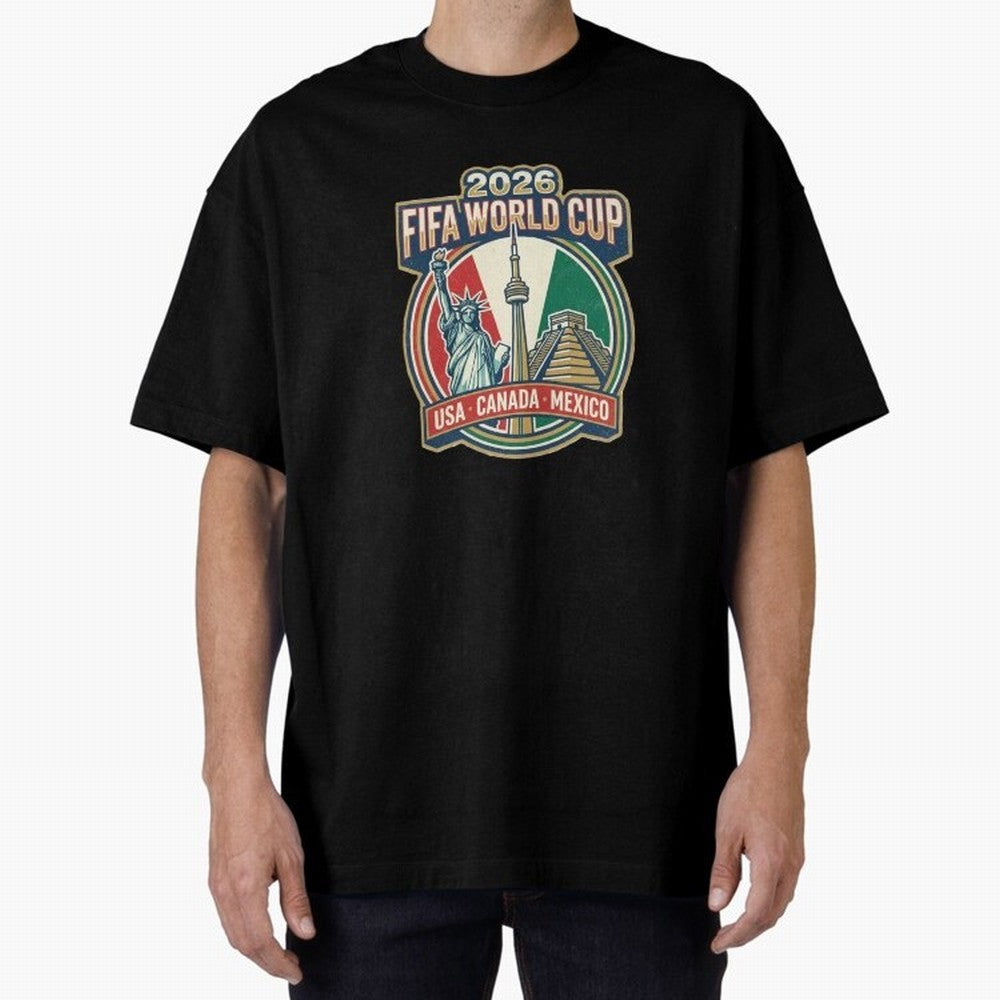 North America United Soccer 2026 Vintage Crest Oversized T-Shirt Back the Journey through the FIFA World Cup 2026 USA Canada Mexico Journey through Messi and Cristiano Ronaldo Highlights, Spain Pride, Retro Football Energy, Iconic Rivalries, Trophy