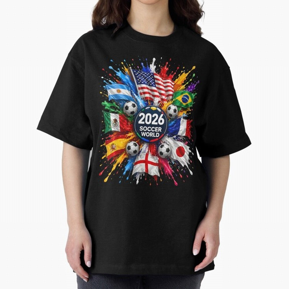 2026 Soccer World USA Flag Burst Fan Tee Oversized T-Shirt Celebrate Unforgettable Nights in Global Football Passion for FIFA World Cup 2026 USA Canada Mexico, Centered on Messi and Cristiano Ronaldo, Argentina, Vintage Soccer Flavor, Modern