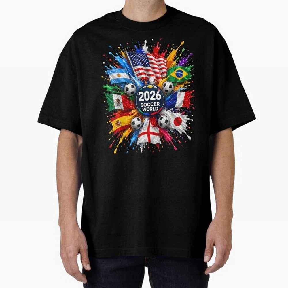 2026 Soccer World USA Flag Burst Fan Tee Oversized T-Shirt Celebrate Unforgettable Nights in Global Football Passion for FIFA World Cup 2026 USA Canada Mexico, Centered on Messi and Cristiano Ronaldo, Argentina, Vintage Soccer Flavor, Modern