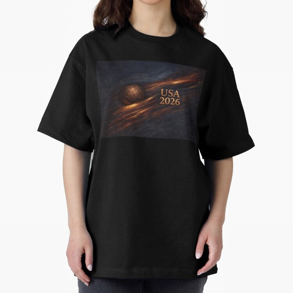 Soccer Ball with USA 2026 Inspired Oversized T-Shirt Remember Match Day Hype around FIFA World Cup 2026, Cristiano Ronaldo, Brazil, Portugal and Argentina, Classic Soccer Heritage, Championship Pressure, Fan Loyalty and International Pride; Made