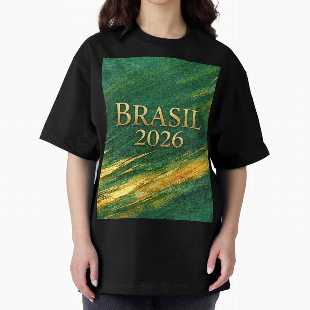 Brasil 2026 Gold Soccer Theme Oversized T-Shirt Show Love for Legendary Goals in the FIFA World Cup 2026 USA Canada Mexico Journey through Neymar, Haaland and Cristiano Ronaldo Highlights, Germany Pride, Champion Mindset, Group Stage Buzz, Knockout