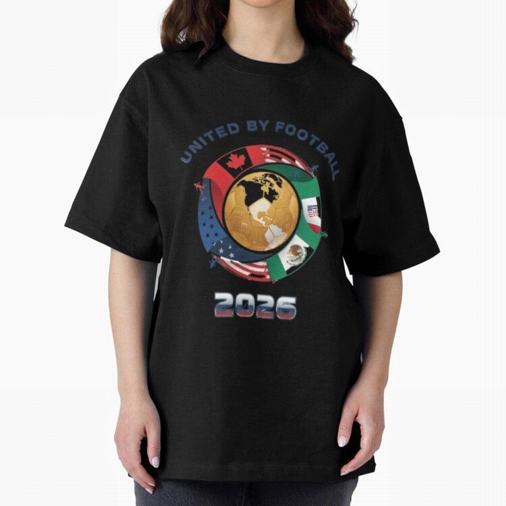 United By Football 2026 Oversized T-Shirt Back the Journey through the FIFA World Cup 2026 USA Canada Mexico Journey through Messi and Cristiano Ronaldo Highlights, Spain Pride, Retro Football Energy, Iconic Rivalries, Trophy Chase Drama and