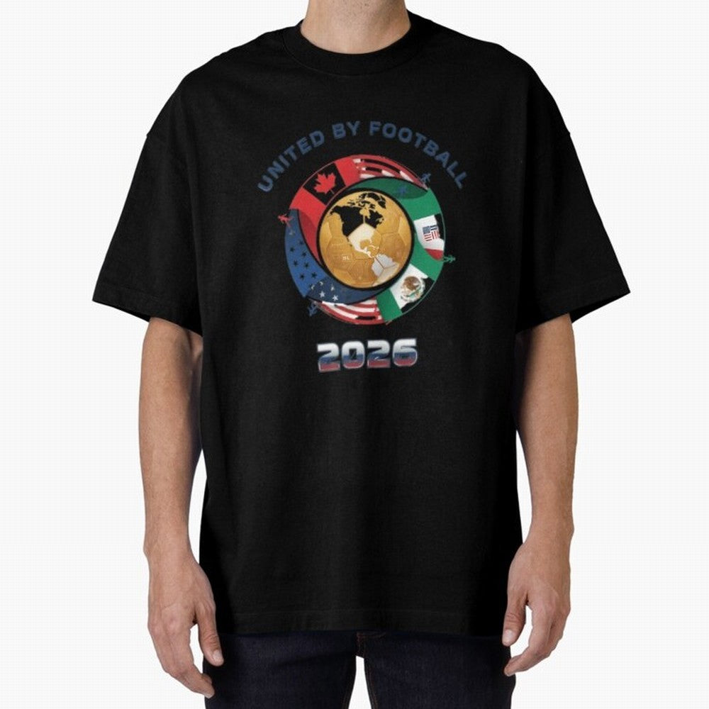 United By Football 2026 Oversized T-Shirt Back the Journey through the FIFA World Cup 2026 USA Canada Mexico Journey through Messi and Cristiano Ronaldo Highlights, Spain Pride, Retro Football Energy, Iconic Rivalries, Trophy Chase Drama and