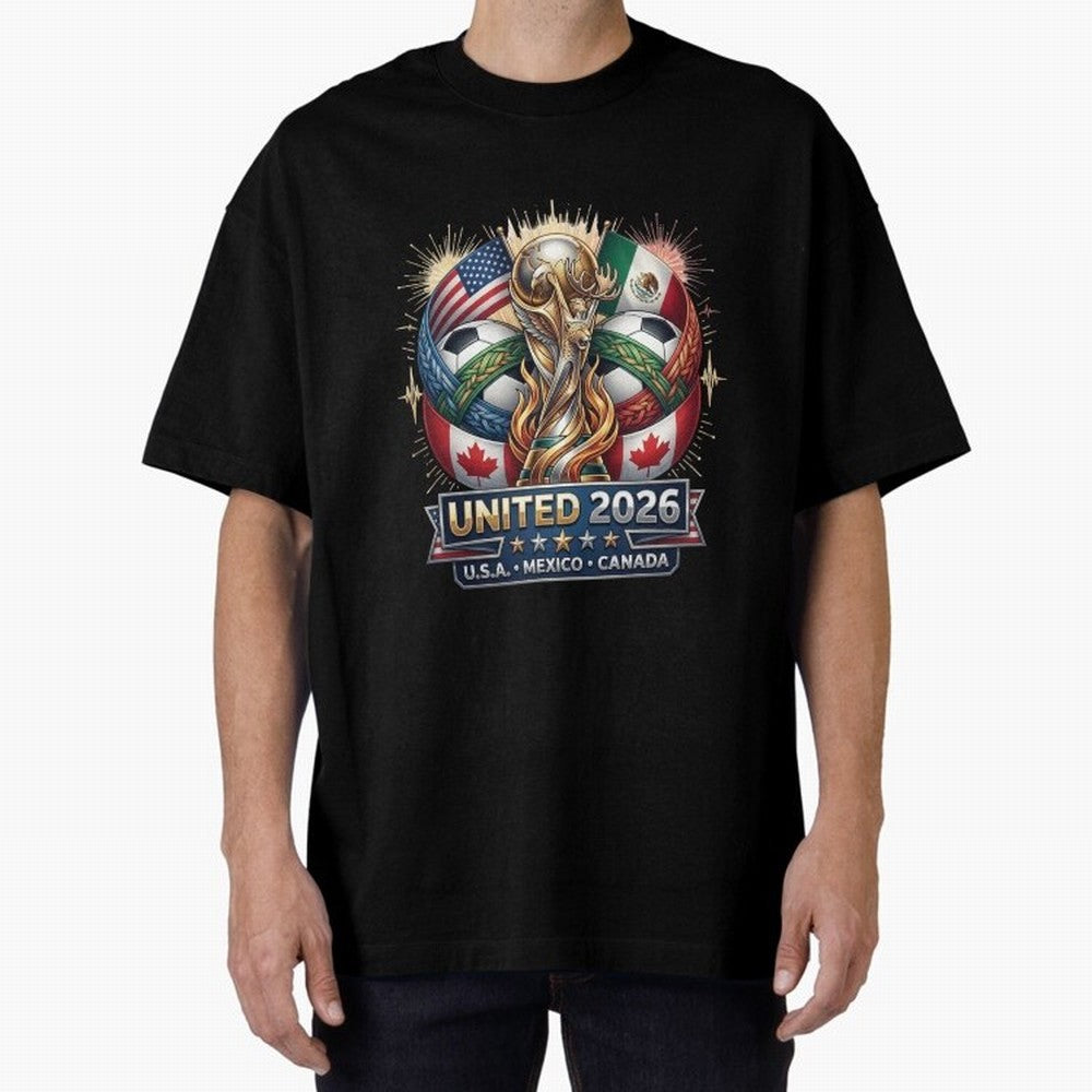 United 2026 Soccer Nations Trophy - USA Mexico Canada Mascot Art Oversized T-Shirt Show Your Tournament Heart for FIFA World Cup 2026 Group Stage Spirit, Made for Argentina and Brazil, Mbappe and Neymar, Vintage Soccer Flavor, Modern Football