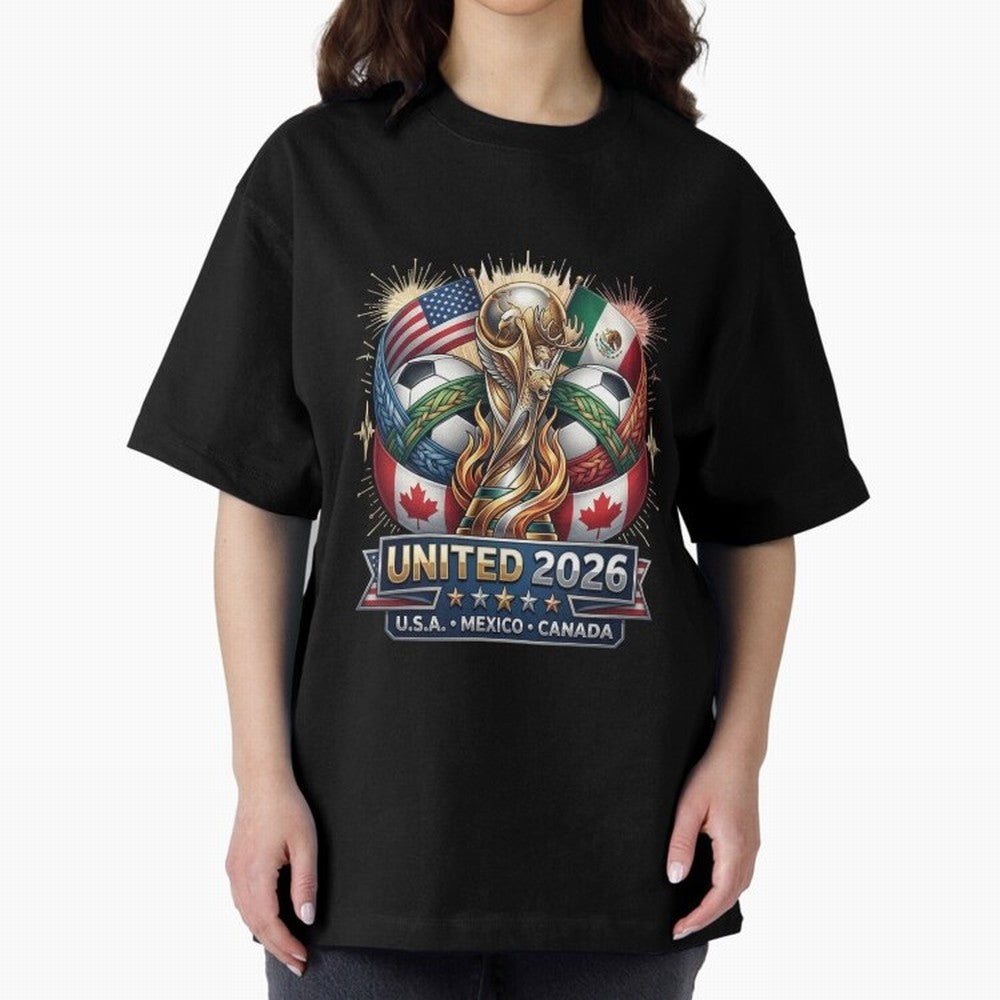 United 2026 Soccer Nations Trophy - USA Mexico Canada Mascot Art Oversized T-Shirt Show Your Tournament Heart for FIFA World Cup 2026 Group Stage Spirit, Made for Argentina and Brazil, Mbappe and Neymar, Vintage Soccer Flavor, Modern Football