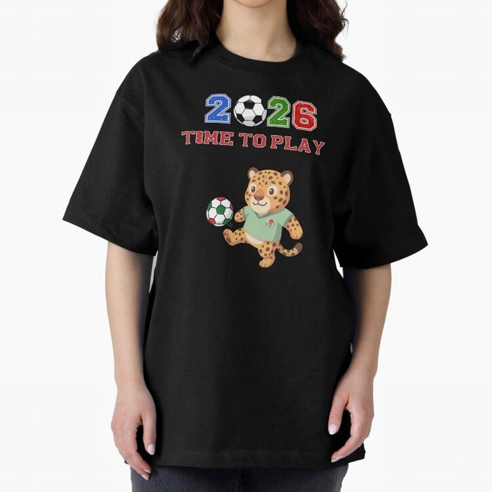 Mexico Soccer Jaguar Mascot 2026 Time To Play Football Oversized T-Shirt Celebrate Rivalries and Pride in FIFA World Cup 2026 Group Stage for Fans of Neymar and Portugal, Bringing Classic Soccer Heritage, Championship Pressure, Fan Loyalty and