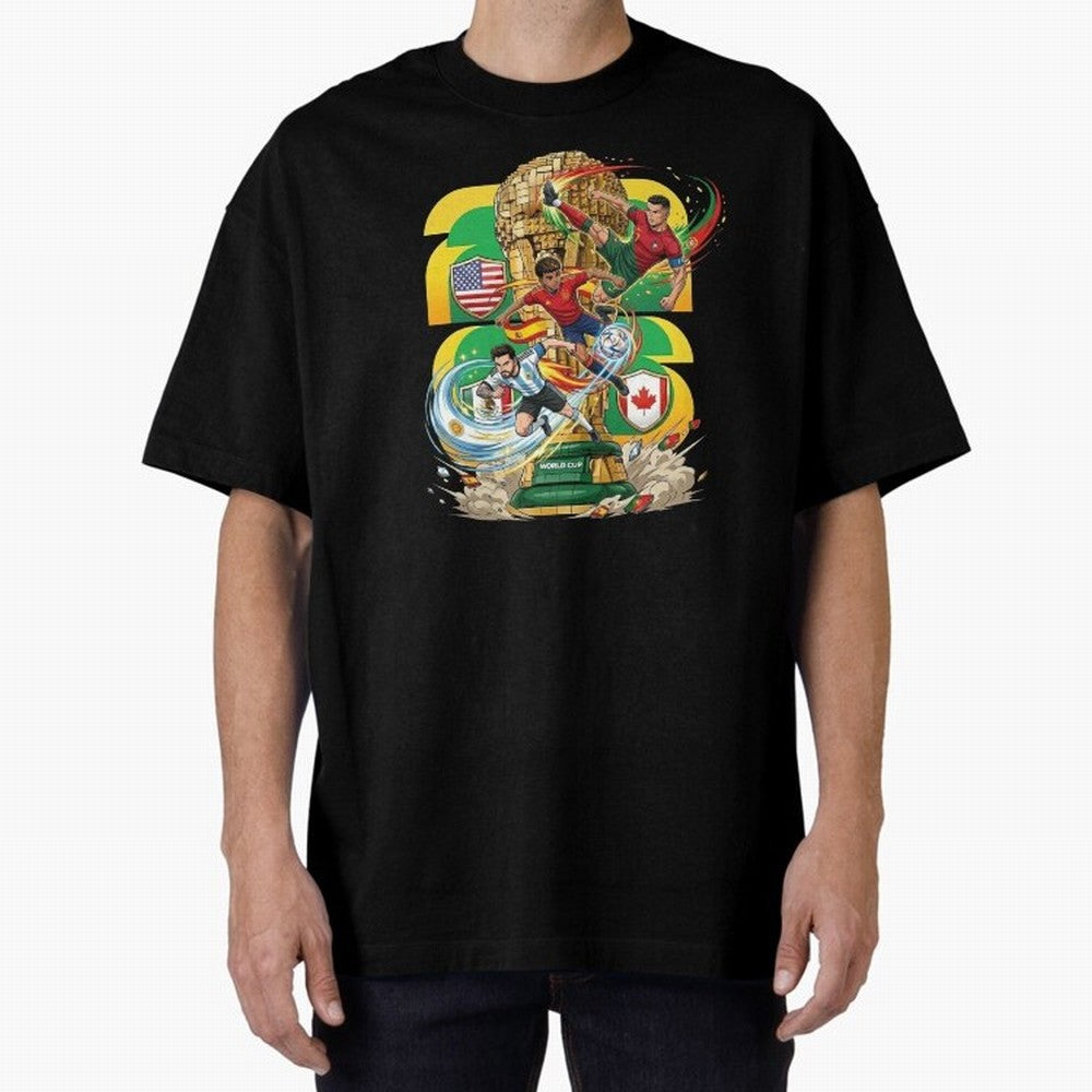 World Cup Teams 2026 Oversized T-Shirt Elevate FIFA World Cup 2026 Group Stage for Fans of Neymar, Haaland and Cristiano Ronaldo and Argentina and Brazil, Bringing Worldwide Fan Energy, Dramatic Goals, Stadium Lights and Championship Celebrations;