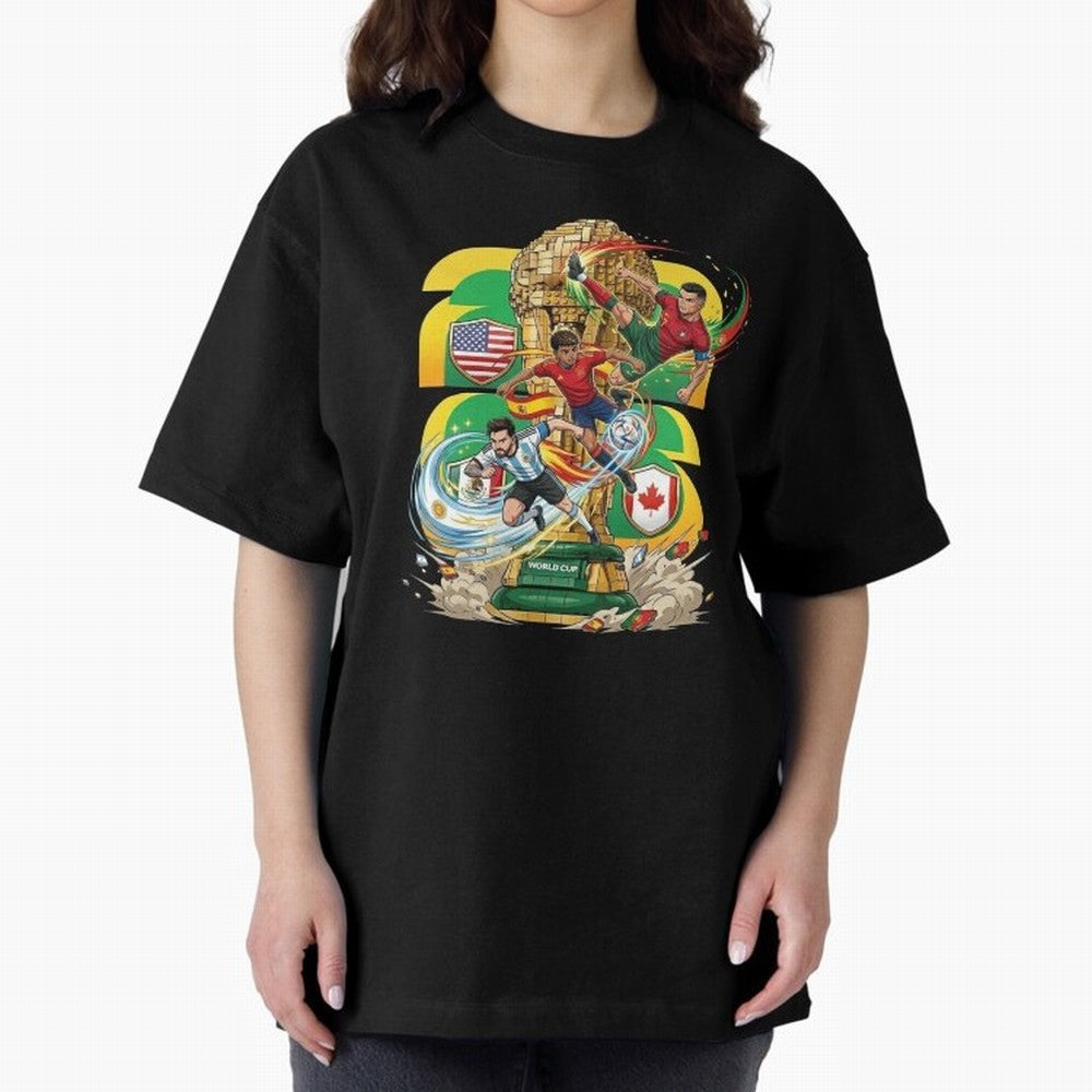 World Cup Teams 2026 Oversized T-Shirt Elevate FIFA World Cup 2026 Group Stage for Fans of Neymar, Haaland and Cristiano Ronaldo and Argentina and Brazil, Bringing Worldwide Fan Energy, Dramatic Goals, Stadium Lights and Championship Celebrations;
