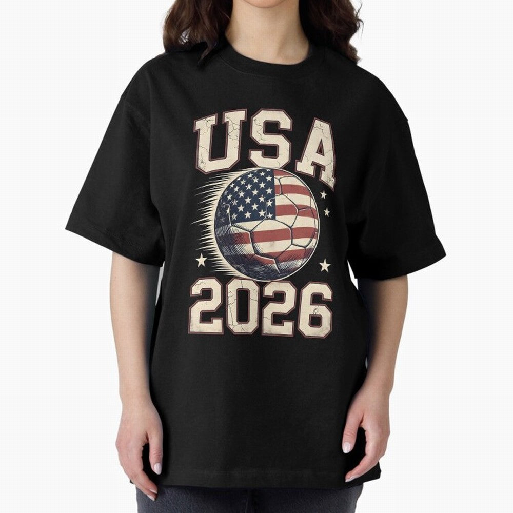 USA 2026 World Cup Soccer Oversized T-Shirt Bring a Vintage Feel to FIFA World Cup 2026 for Fans of Messi and Cristiano Ronaldo and Spain, Bringing Fan Favorite Moments, National Team Passion, Big Match Drama and Soccer History; Ideal for Football