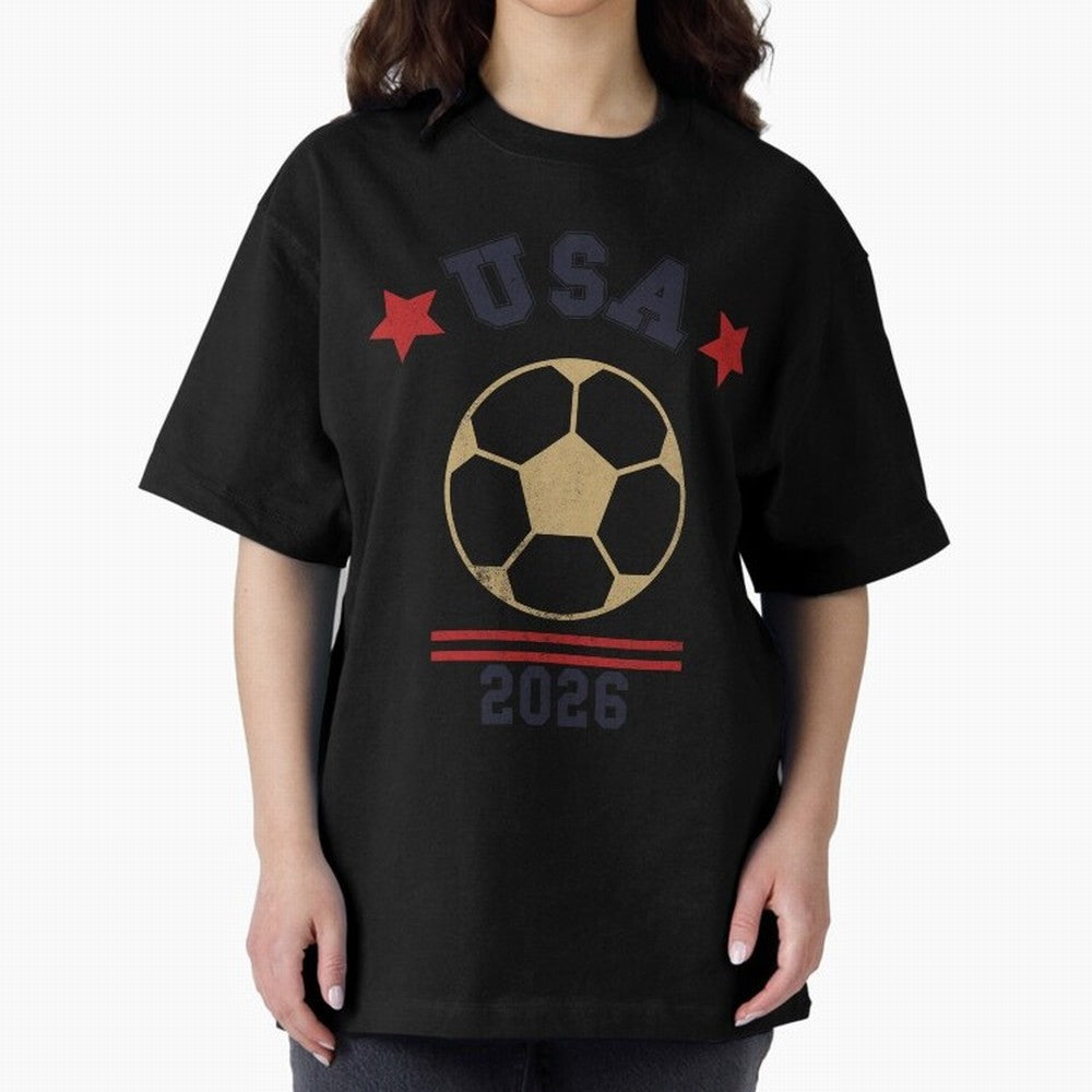 USA Soccer Fan 2026 Jersey Style Design Oversized T-Shirt Represent FIFA World Cup 2026 Group Stage Driven by Neymar, Haaland and Cristiano Ronaldo, Brazil Energy, Retro Football Energy, Iconic Rivalries, Trophy Chase Drama and Stadium Atmosphere;