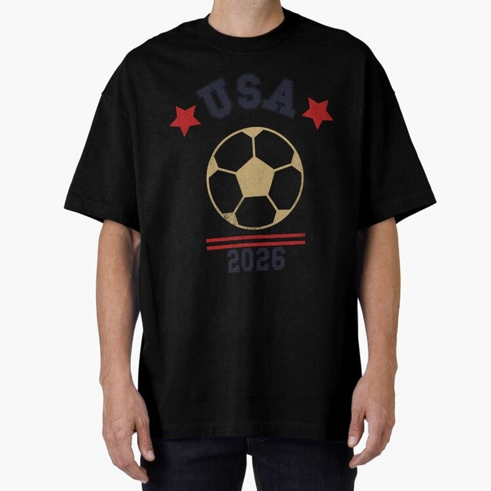 USA Soccer Fan 2026 Jersey Style Design Oversized T-Shirt Represent FIFA World Cup 2026 Group Stage Driven by Neymar, Haaland and Cristiano Ronaldo, Brazil Energy, Retro Football Energy, Iconic Rivalries, Trophy Chase Drama and Stadium Atmosphere;