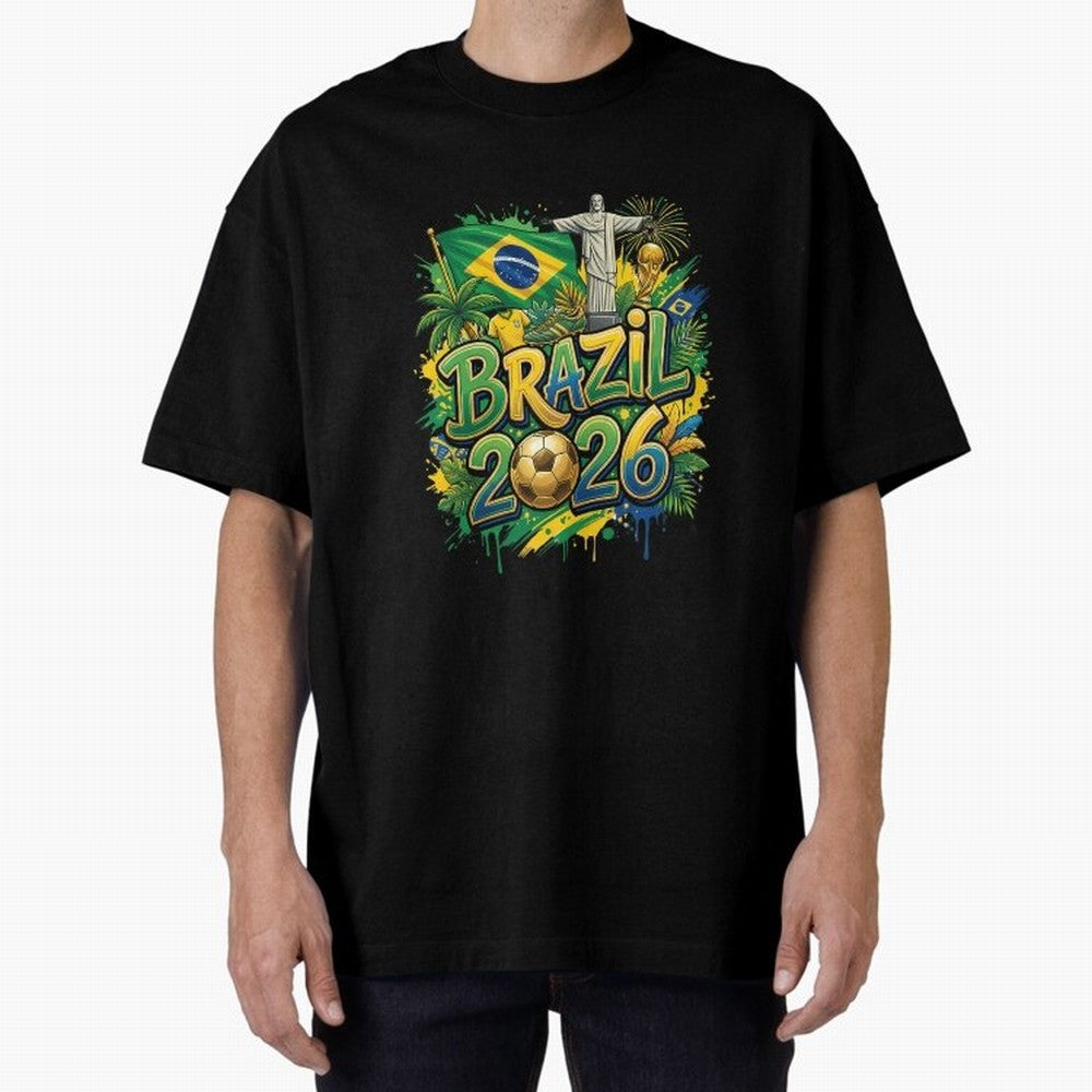 Brazil World Cup 2026 Football Legacy Oversized T-Shirt Stand Out with Spirit from FIFA World Cup 2026 USA Canada Mexico for Fans of Mbappe and Neymar and England, France and Netherlands, Bringing Match Day Excitement, Supporter Culture, Golden