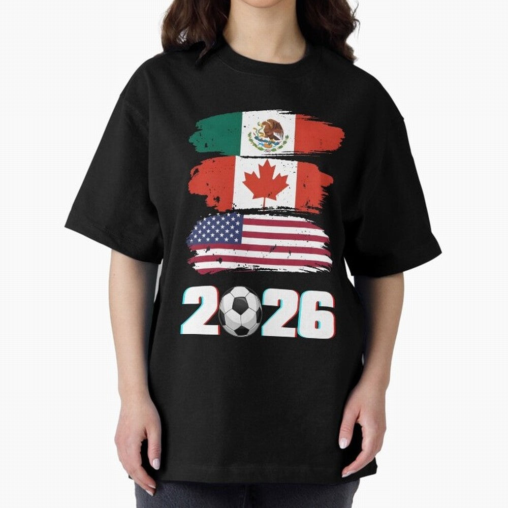 USA Canada Mexico Flag 2026 Cup Brush Art Oversized T-Shirt Celebrate Soccer Greatness during Match Day Hype around FIFA World Cup 2026 USA Canada Mexico, Messi and Cristiano Ronaldo, Argentina, France and Brazil, Championship Spirit, Famous Goals,