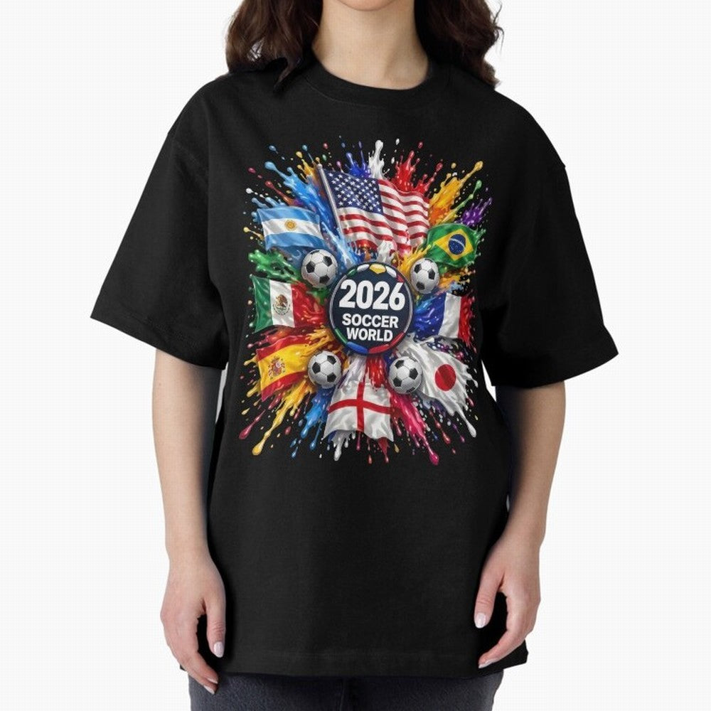 2026 Soccer World Flags USA Mexico Canada Football Paint Splash Graphic Oversized T-Shirt Celebrate the Next Chapter of Match Day Hype around FIFA World Cup 2026, Haaland, England, France and Netherlands, Goal Celebration Energy, Supporter