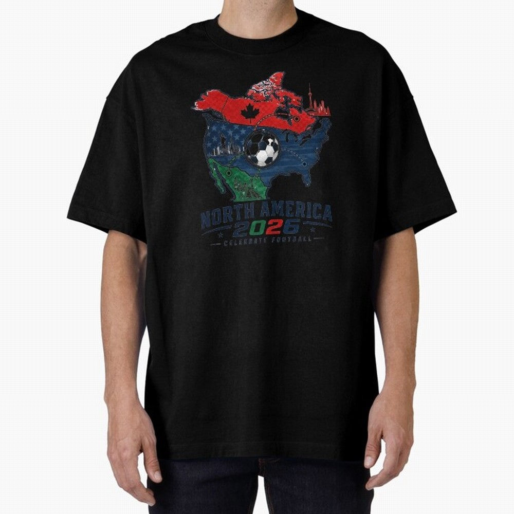 United by Football 2026 North America Soccer Design Oversized T-Shirt Show Match Day Excitement for Global Football Passion for FIFA World Cup 2026, Connected to Messi and Cristiano Ronaldo, Spain and Netherlands, Worldwide Fan Energy, Dramatic