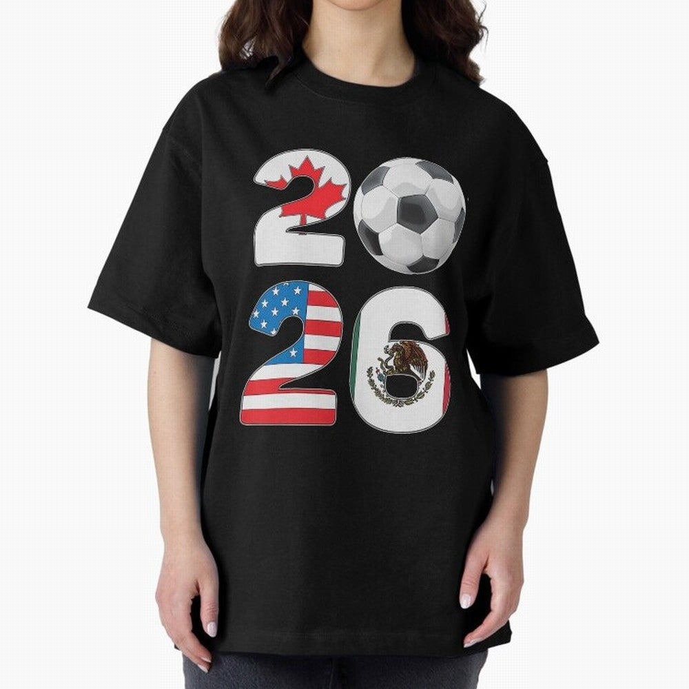 2026 North America Football Massive Event Soccer Ball Oversized T-Shirt Get Ready for the FIFA World Cup 2026 Journey through Messi and Cristiano Ronaldo Highlights, Portugal, Spain and Germany Pride, Global Supporter Spirit, Legendary Goals,
