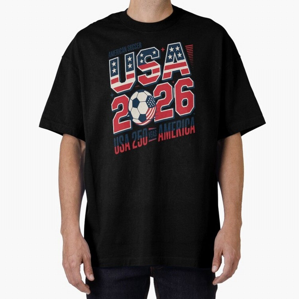 USA Soccer 250 Years 1776 -2026 Oversized T-Shirt Capture FIFA World Cup 2026 Group Stage Highlighting Cristiano Ronaldo, Portugal, Spain and Germany Energy, Championship Spirit, Famous Goals, Roaring Crowds and International Football Unity; Great