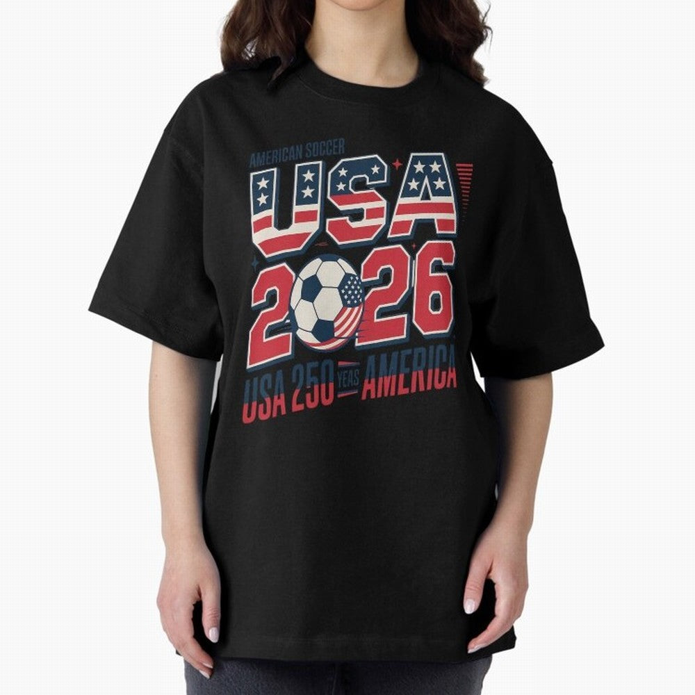 USA Soccer 250 Years 1776 -2026 Oversized T-Shirt Capture FIFA World Cup 2026 Group Stage Highlighting Cristiano Ronaldo, Portugal, Spain and Germany Energy, Championship Spirit, Famous Goals, Roaring Crowds and International Football Unity; Great