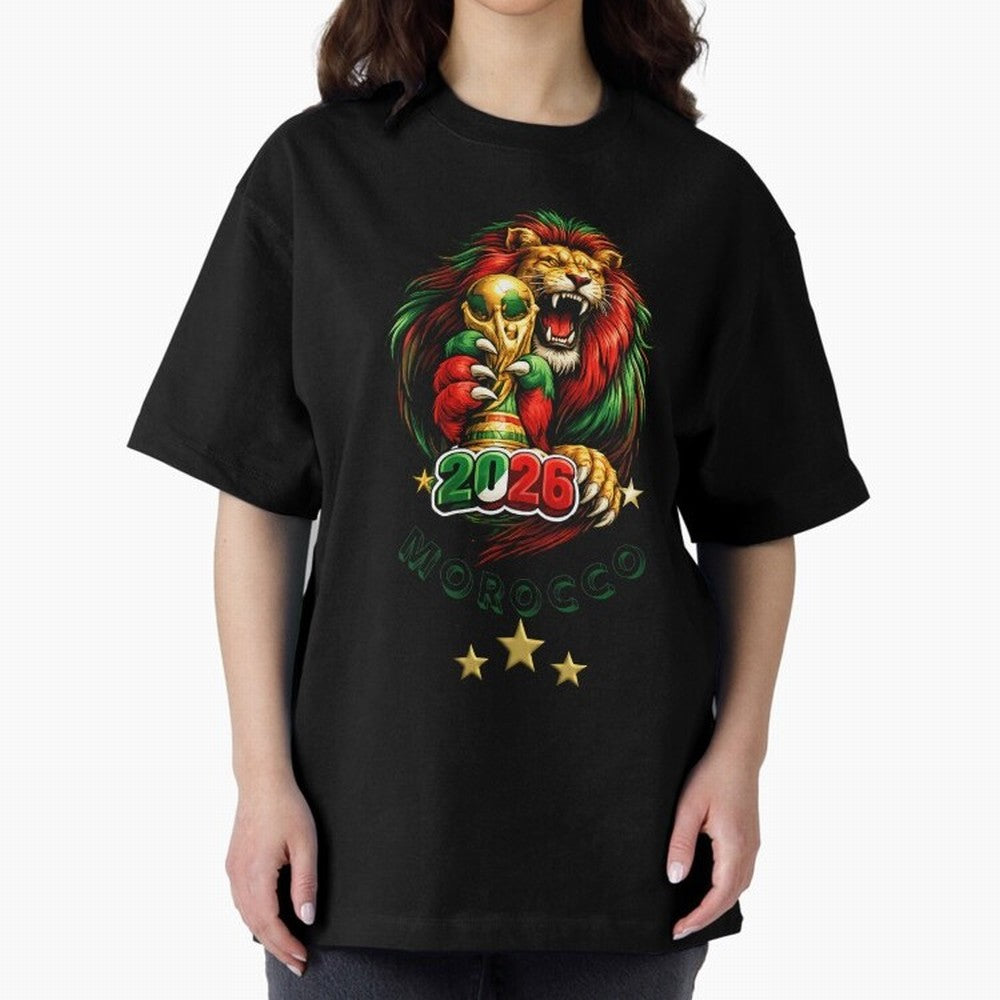 Moroccan Lion World Cup 2026 Design Oversized T-Shirt Honor the Football Icons of FIFA World Cup 2026 Group Stage Centered on Neymar, Haaland and Cristiano Ronaldo, Portugal Energy, Champion Mindset, Group Stage Buzz, Knockout Tension and