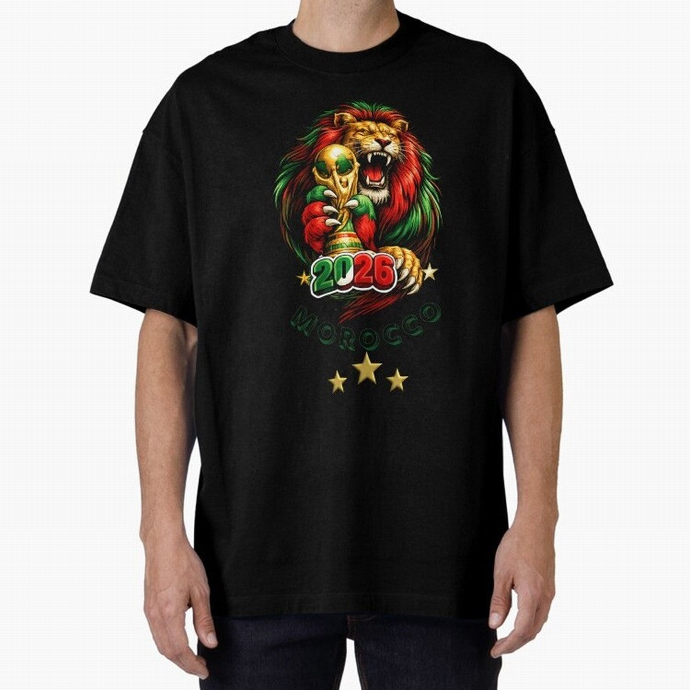 Moroccan Lion World Cup 2026 Design Oversized T-Shirt Honor the Football Icons of FIFA World Cup 2026 Group Stage Centered on Neymar, Haaland and Cristiano Ronaldo, Portugal Energy, Champion Mindset, Group Stage Buzz, Knockout Tension and