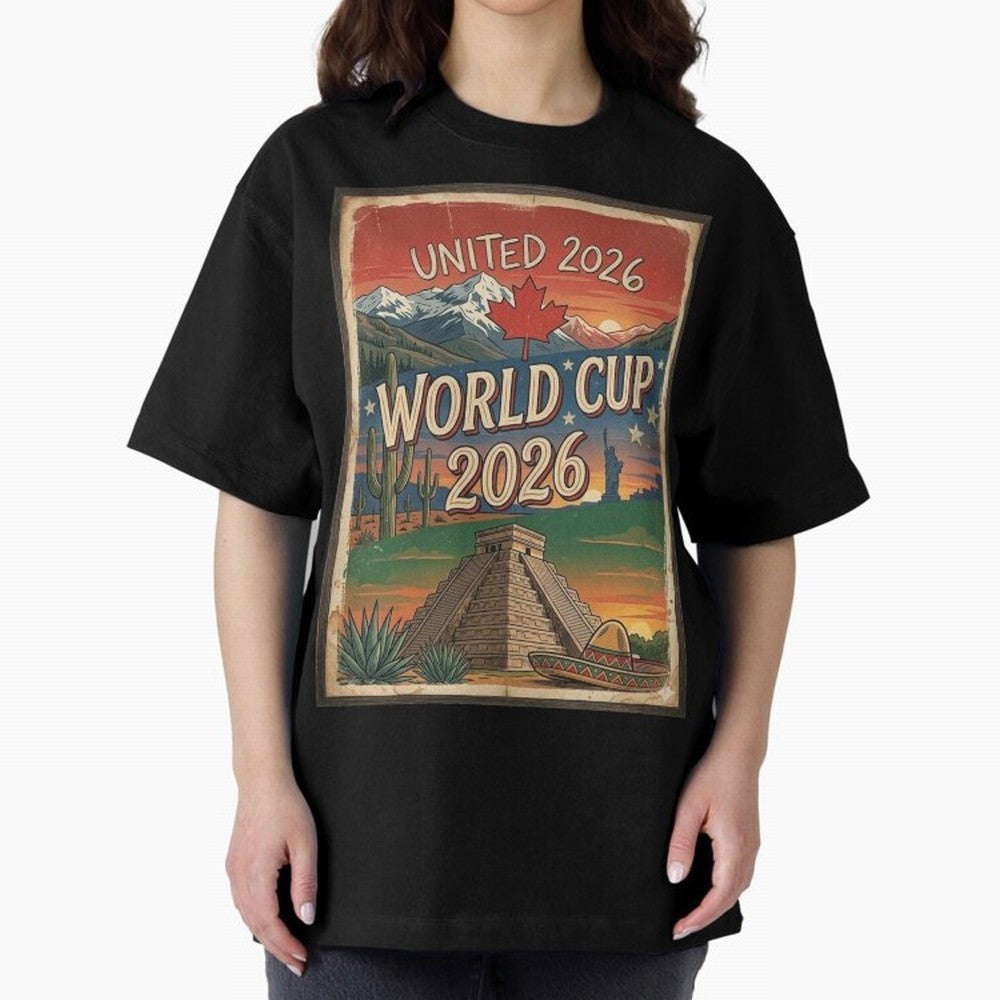 United 2026 World Cup ¨C Vintage North America Soccer Poster Oversized T-Shirt Bring Global Tournament Vibes to the FIFA World Cup 2026 Group Stage Journey through Messi Highlights, England Pride, Soccer Culture, Superstar Moments, National Team