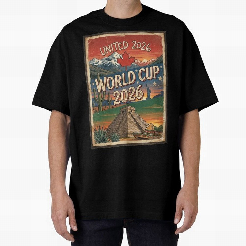 United 2026 World Cup ¨C Vintage North America Soccer Poster Oversized T-Shirt Bring Global Tournament Vibes to the FIFA World Cup 2026 Group Stage Journey through Messi Highlights, England Pride, Soccer Culture, Superstar Moments, National Team