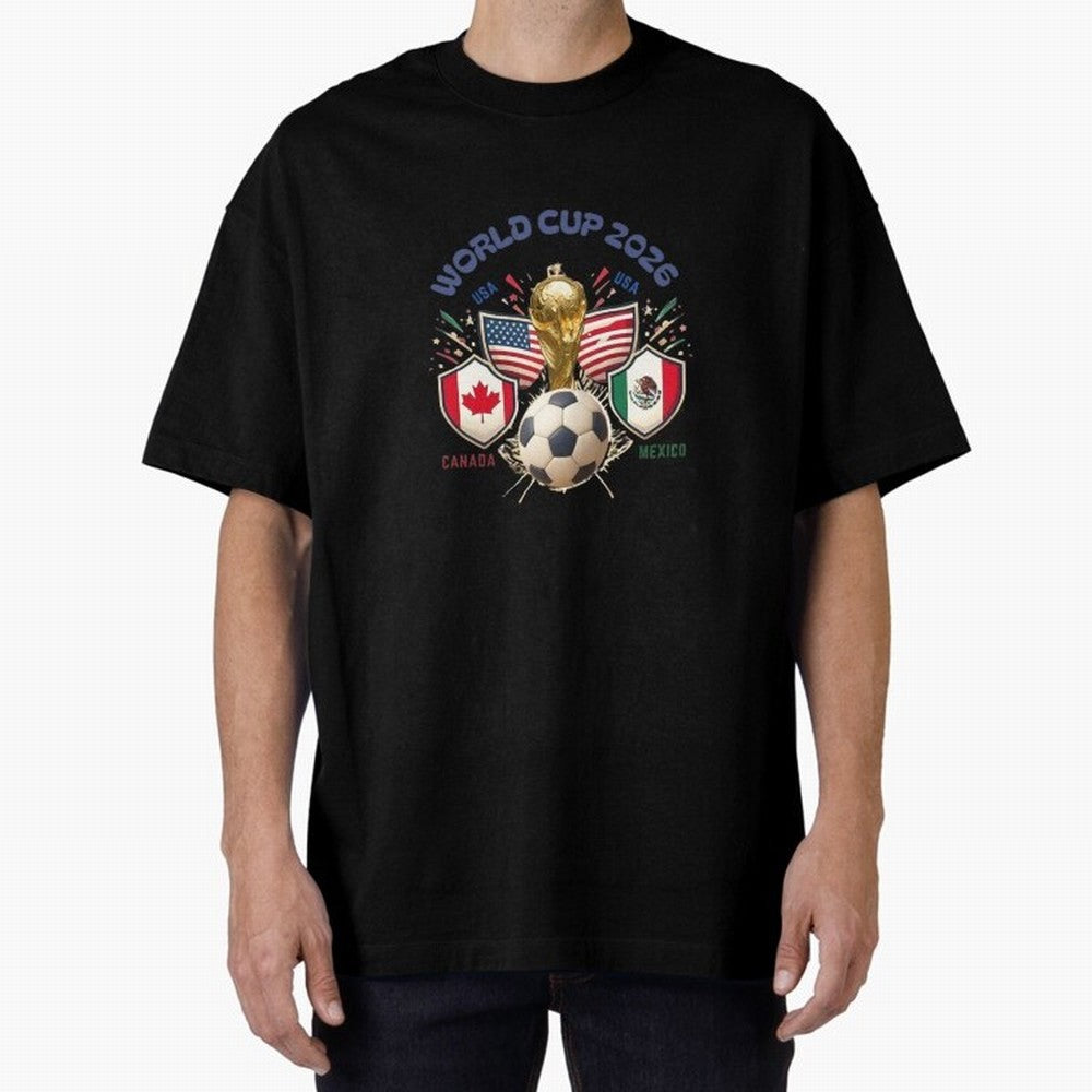 World Cup 2026 Host Nations Crest Oversized T-Shirt Honor Football Greatness during FIFA World Cup 2026 Spirit, Driven by Spain, Mbappe and Neymar, Sports Nostalgia, International Competition, Famous Players and Unforgettable Victories; Great for