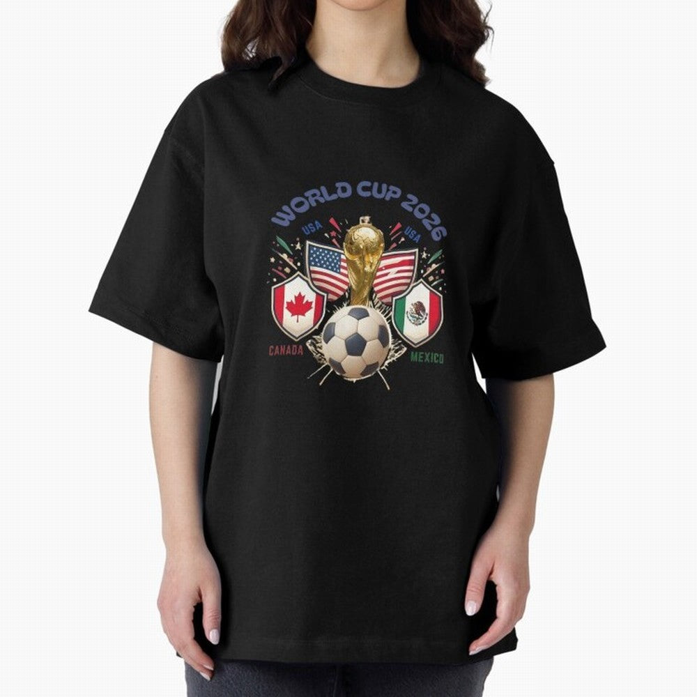 World Cup 2026 Host Nations Crest Oversized T-Shirt Honor Football Greatness during FIFA World Cup 2026 Spirit, Driven by Spain, Mbappe and Neymar, Sports Nostalgia, International Competition, Famous Players and Unforgettable Victories; Great for