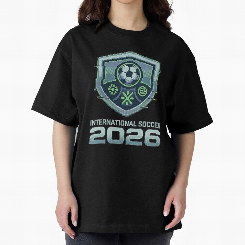 International Soccer 2026 Retro Pixel Glitch Crest Oversized T-Shirt Support Iconic Players in FIFA World Cup 2026 Group Stage Driven by Cristiano Ronaldo, Portugal Energy, Sports Nostalgia, International Competition, Famous Players and