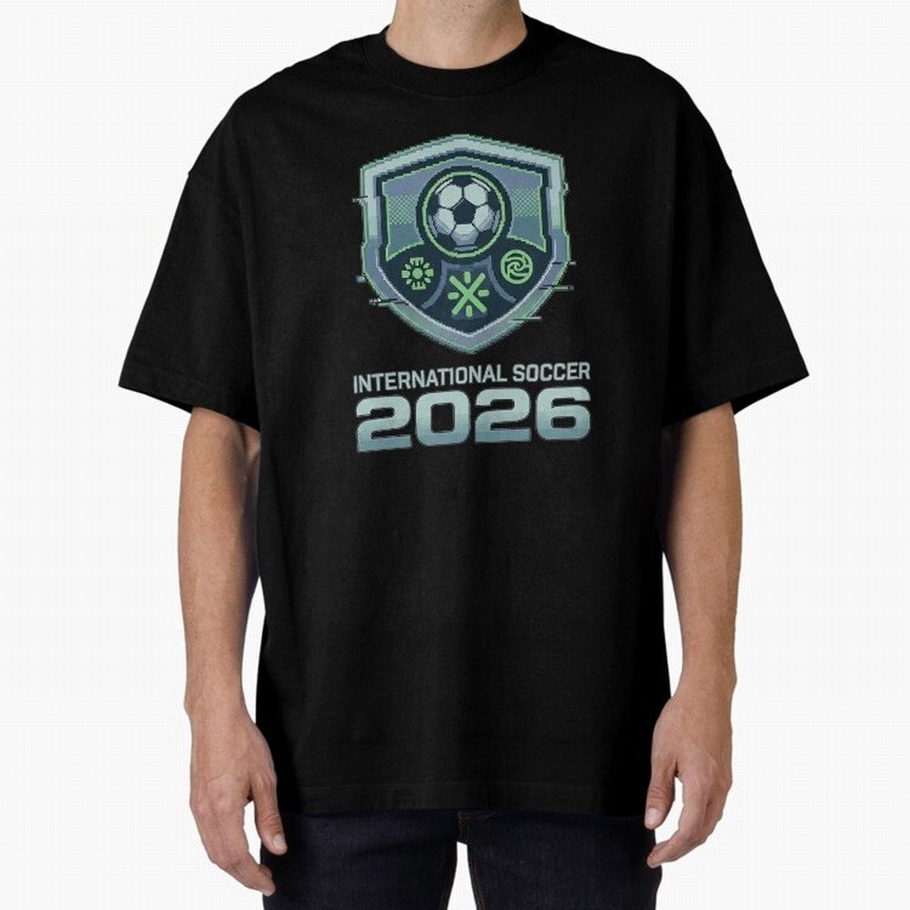 International Soccer 2026 Retro Pixel Glitch Crest Oversized T-Shirt Support Iconic Players in FIFA World Cup 2026 Group Stage Driven by Cristiano Ronaldo, Portugal Energy, Sports Nostalgia, International Competition, Famous Players and