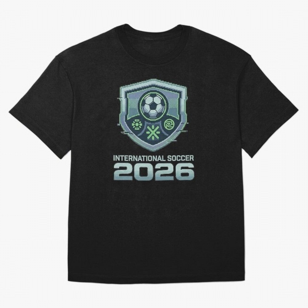 International Soccer 2026 Retro Pixel Glitch Crest Oversized T-Shirt Support Iconic Players in FIFA World Cup 2026 Group Stage Driven by Cristiano Ronaldo, Portugal Energy, Sports Nostalgia, International Competition, Famous Players and