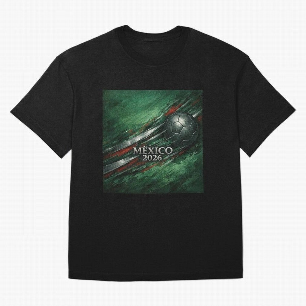 Mexico 2026 Football with Metallic Silver Line Oversized T-Shirt Stand with FIFA World Cup 2026 USA Canada Mexico for Fans of Messi, CR7 and Mbappe and England, France and Netherlands, Bringing Match Day Excitement, Supporter Culture, Golden Goals