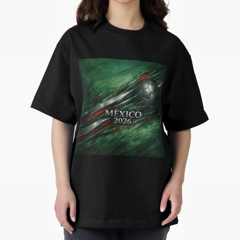 Mexico 2026 Football with Metallic Silver Line Oversized T-Shirt Stand with FIFA World Cup 2026 USA Canada Mexico for Fans of Messi, CR7 and Mbappe and England, France and Netherlands, Bringing Match Day Excitement, Supporter Culture, Golden Goals