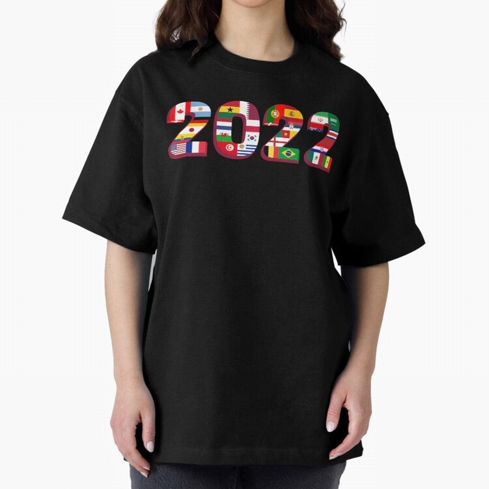 Flags of the 32 Teams that Played in Qatar in 2022 for Football Fans Oversized T-Shirt Make the Season About Global Football Passion for FIFA World Cup 2026, Featuring Messi, Brazil, Portugal and Argentina, Football Festival Excitement, Trophy