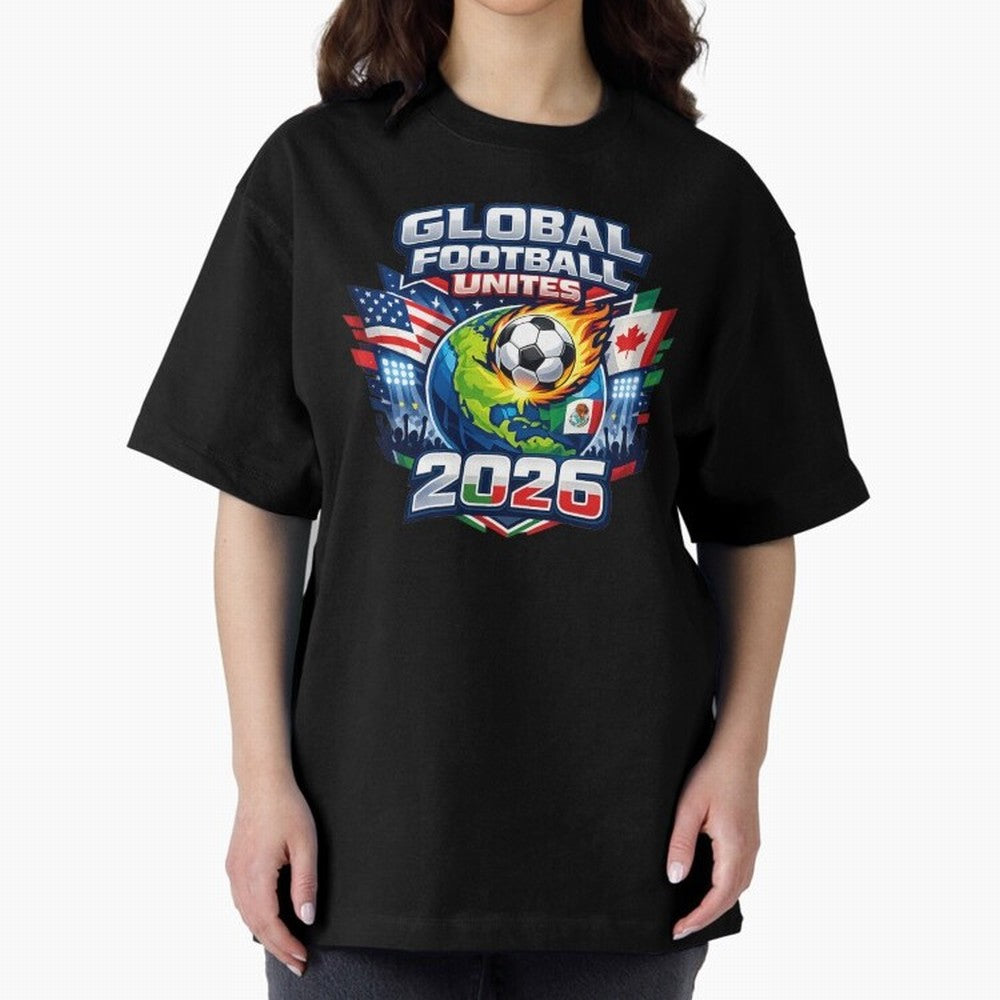 Global Football Unites 2026 USA Canada Mexico Oversized T-Shirt Bring Bold Fan Energy to FIFA World Cup 2026 Group Stage Capturing Cristiano Ronaldo, Brazil, Portugal and Argentina Energy, Vintage Soccer Flavor, Modern Football Stars, National