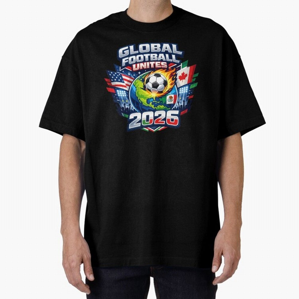 Global Football Unites 2026 USA Canada Mexico Oversized T-Shirt Bring Bold Fan Energy to FIFA World Cup 2026 Group Stage Capturing Cristiano Ronaldo, Brazil, Portugal and Argentina Energy, Vintage Soccer Flavor, Modern Football Stars, National