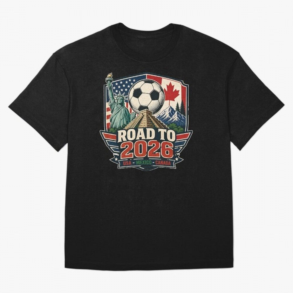 Road to 2026 USA Mexico Canada Soccer Design Oversized T-Shirt Feel International Energy from Global Football Passion for FIFA World Cup 2026, Connected to Haaland and Mbappe, Spain, Supporter Pride, Iconic Celebrations, Legendary Names and Global