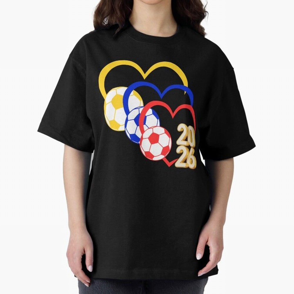 Football 2026 Hearts Colombia Sports Design Oversized T-Shirt Live the Energy of FIFA World Cup 2026 Group Stage for Fans of Messi and Brazil, Bringing Soccer Culture, Superstar Moments, National Team Dreams and Competitive Fire; Perfect for