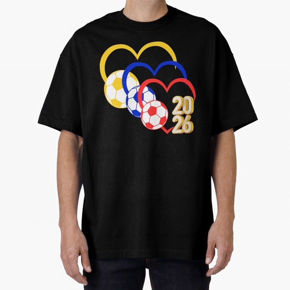 Football 2026 Hearts Colombia Sports Design Oversized T-Shirt Live the Energy of FIFA World Cup 2026 Group Stage for Fans of Messi and Brazil, Bringing Soccer Culture, Superstar Moments, National Team Dreams and Competitive Fire; Perfect for
