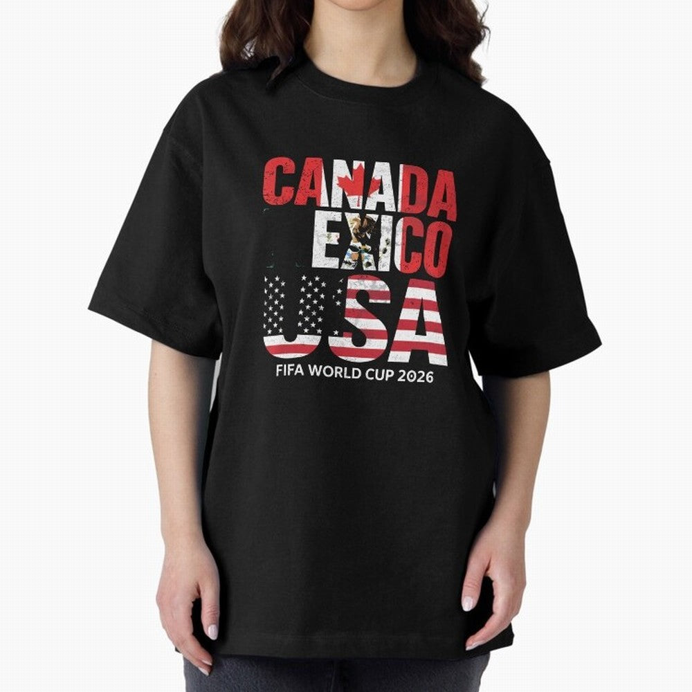 United 2026 World Cup - Canada, Mexico, USA Flags T-Shirt_83138002 Oversized T-Shirt Experience the Global Stage of Match Day Hype around FIFA World Cup 2026 USA Canada Mexico, Messi, Neymar and Mbappe, France, Fan Favorite Moments, National Team