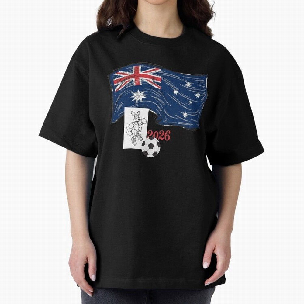Australia 2026 Soccer Pride - Boxing Kangaroo & Dynamic Waving Flag. Oversized T-Shirt Support Your Favorite Stars during FIFA World Cup 2026 Spirit, Filled with Argentina, France and Brazil, Neymar, Haaland and Cristiano Ronaldo, Tournament Hype,