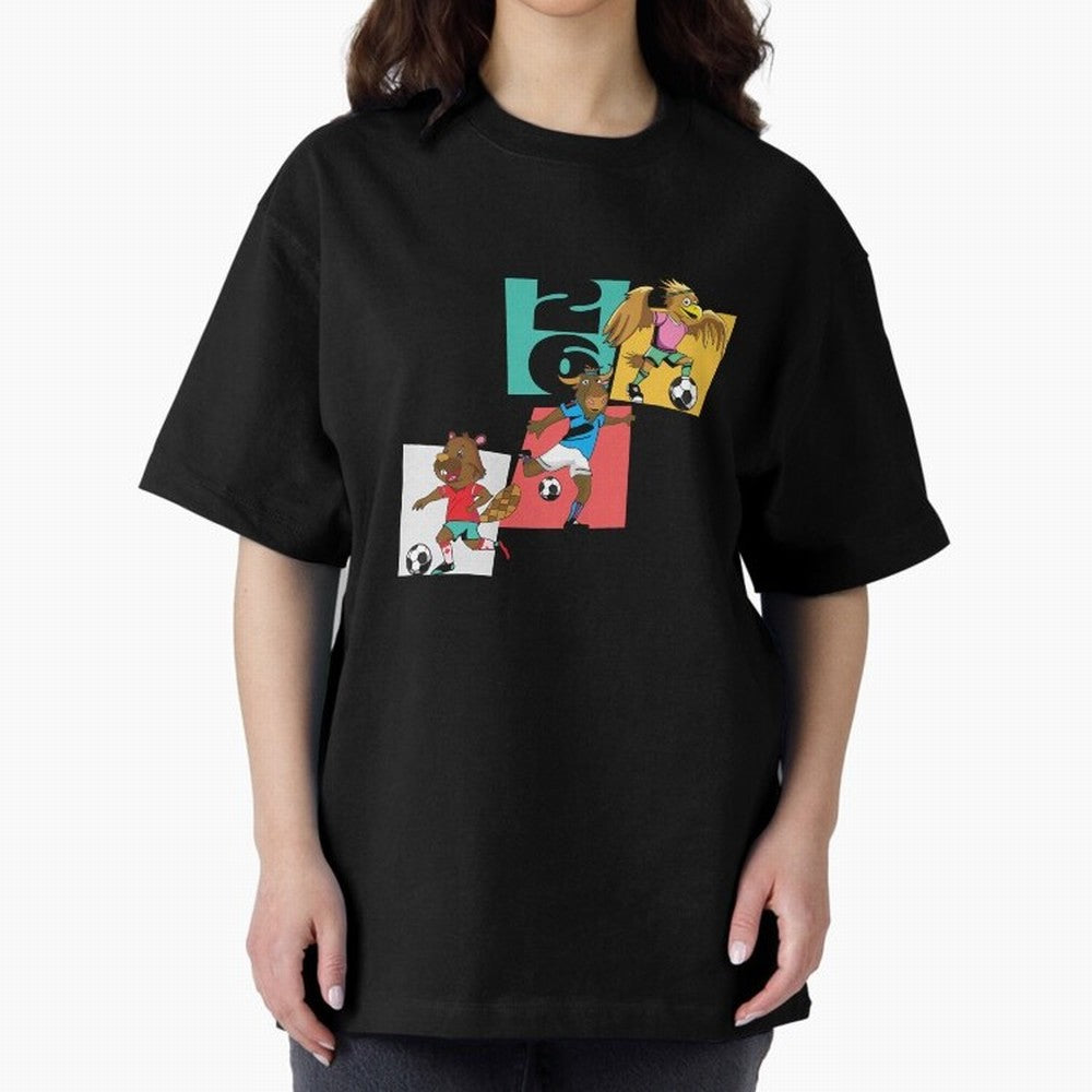 North America Mascots 2 T-Shirt_83568192 Oversized T-Shirt Capture FIFA World Cup 2026 Group Stage Connected to Neymar, Argentina, France and Brazil Energy, Worldwide Fan Energy, Dramatic Goals, Stadium Lights and Championship Celebrations; Ideal