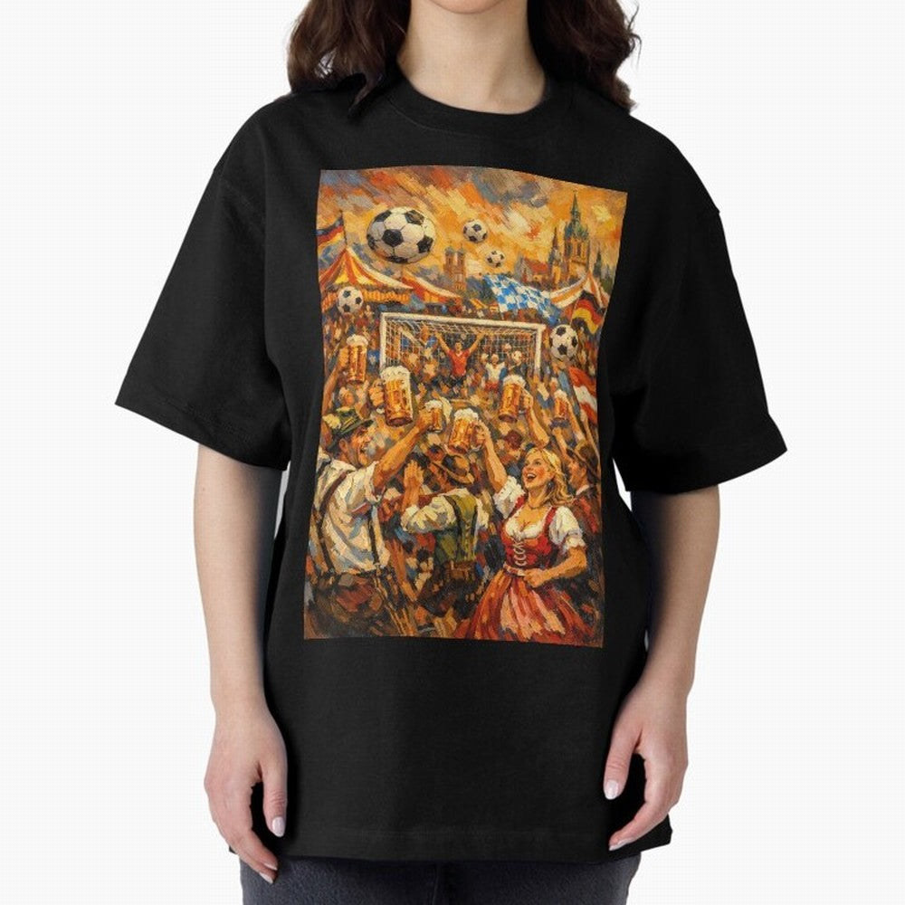 Festival Celebration with Soccer and Beer Oversized T-Shirt Honor FIFA World Cup 2026 Group Stage Driven by Messi and Cristiano Ronaldo, England Energy, Retro Football Energy, Iconic Rivalries, Trophy Chase Drama and Stadium Atmosphere; Ideal for