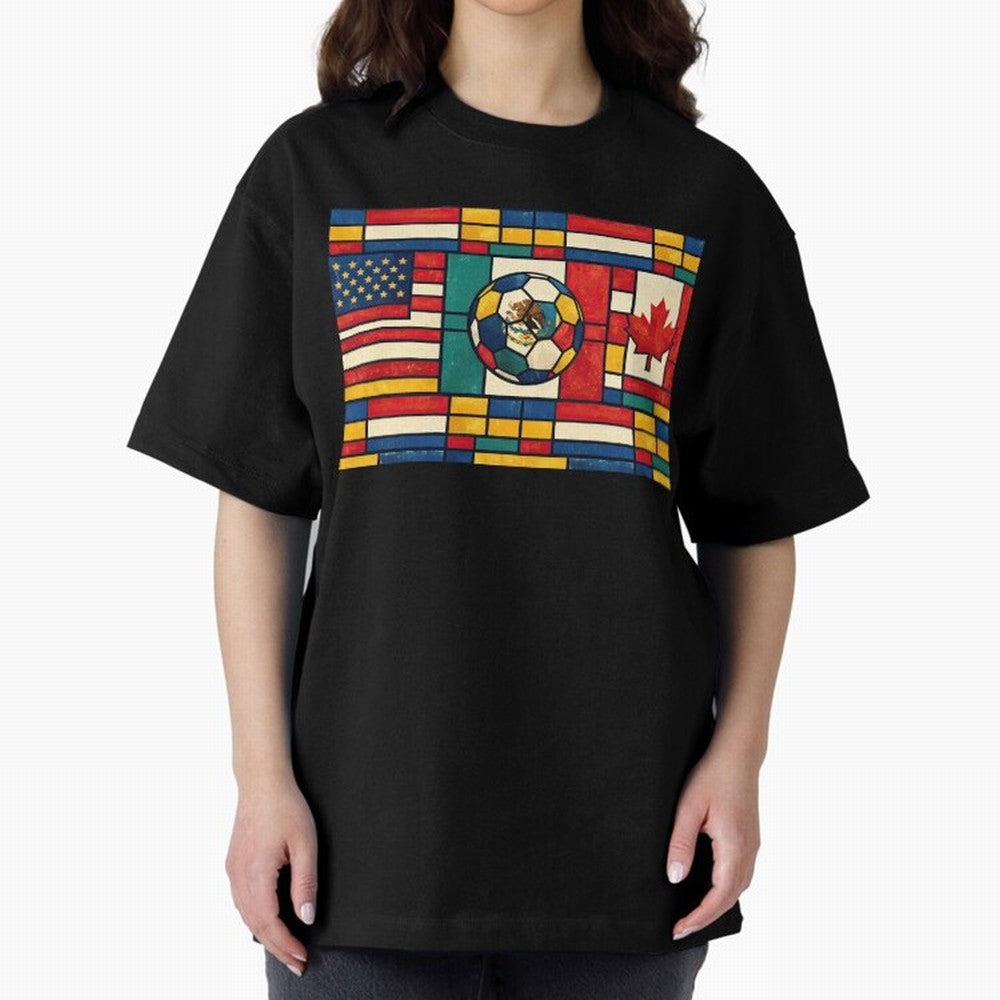 Elegant World Cup Stadiums Geometrical | Soccer Flags Mexico Canada USA Oversized T-Shirt Capture FIFA World Cup 2026 Group Stage Centered on Cristiano Ronaldo, England and Germany Energy, Fan Favorite Moments, National Team Passion, Big Match