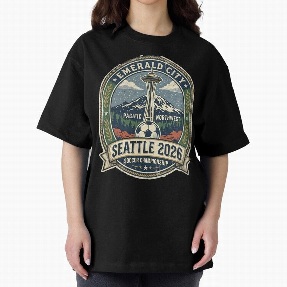 Seattle 2026 World Cup Host City Vintage Football Badge ¡ª Emerald City Space Needle Soccer Oversized T-Shirt Represent the Passion of Global Football Passion for FIFA World Cup 2026 USA Canada Mexico, Made for Messi, CR7 and Mbappe, Portugal,