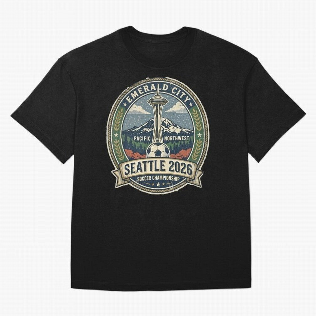 Seattle 2026 World Cup Host City Vintage Football Badge ¡ª Emerald City Space Needle Soccer Oversized T-Shirt Represent the Passion of Global Football Passion for FIFA World Cup 2026 USA Canada Mexico, Made for Messi, CR7 and Mbappe, Portugal,