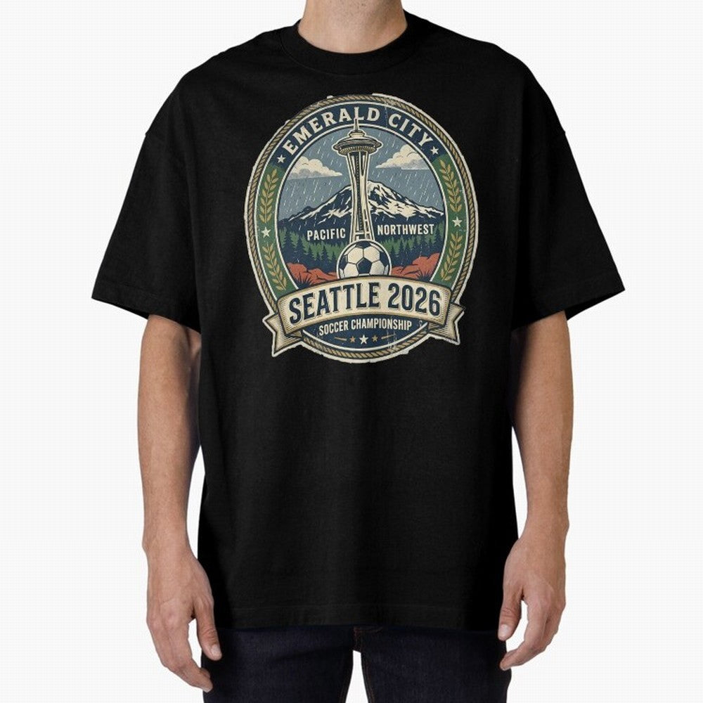 Seattle 2026 World Cup Host City Vintage Football Badge ¡ª Emerald City Space Needle Soccer Oversized T-Shirt Represent the Passion of Global Football Passion for FIFA World Cup 2026 USA Canada Mexico, Made for Messi, CR7 and Mbappe, Portugal,